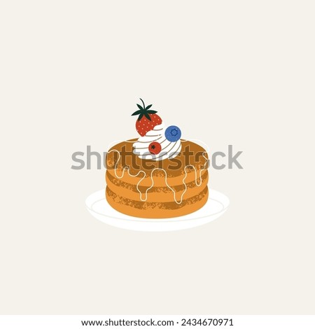Pancakes stack with different berries and whipped cream on the top. Textured illustration