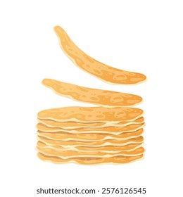 Pancakes stack in flat design. Pile of sweet morning snacks, homemade pastry. Vector illustration isolated.