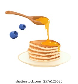 Pancakes stack with honey in flat design. Morning pastry with blueberry. Vector illustration isolated.