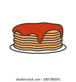 Pancakes stack with jam or honey color icon. Isolated vector illustration