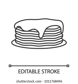 Pancakes stack with jam or honey linear icon. Thin line illustration. Contour symbol. Vector isolated outline drawing. Editable stroke