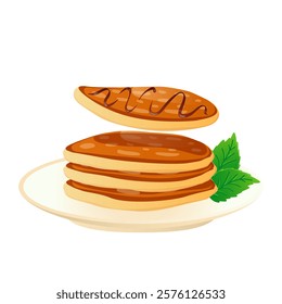 Pancakes stack with syrup in flat design. Morning pastry with chocolate. Vector illustration isolated.