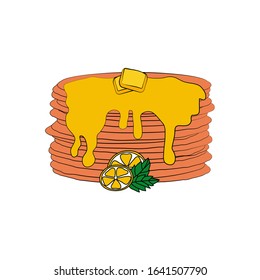 Pancakes are stacked, watered with oil and decorated with lemon and mint. Vector flat cartoon illustration. Concept: maslenitsa, pancake day, cooking, dessert, breakfast, traditional dish, fat Tuesday
