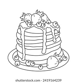 Pancakes with strawberries, blueberries and maple syrup. Dessert, sweets. Coloring page, icon, black and white vector illustration.