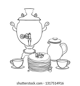 Pancakes with strawberries, cherry and blueberries. Clay jug and samovar. Healthy breakfast. Maslenitsa - slavic holiday carnival.
