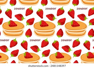 Panqueques con fresas sin patrón. Deliciosa Ilustración vectorial. Feliz día del panqueque. Estilo de diseño de comida de postre plana para menú, Fondo de pantalla, textil, papel de embalaje, scrapbooking