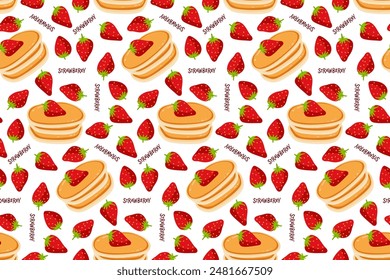 Pancakes with strawberries seamless pattern. Delicious breakfast Vector illustration. Happy pancake day. Flat dessert foof design style for menu, wallpaper, textile, wrapping paper, scrapbooking