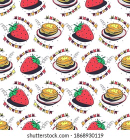 Pancakes and strawberries. Seamless pattern on a white background. Cute vector illustration.
