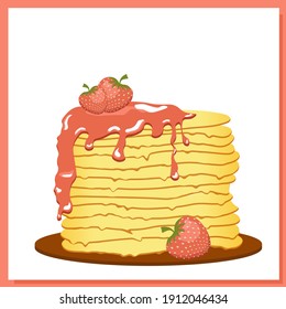 Pancakes. Strawberry jam. Maslenitsa week. Spring festival meeting. Pancakes isolated on white background. Vector illustration.