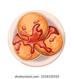 Panqueques con mermelada de fresa en placa de dibujos animados, vista superior. Sirva de tres tortitas doradas redondas con salsa de frutas dulces para el postre de la mañana. Mascota del desayuno, Ilustración vectorial sabrosa del bocado de la historieta