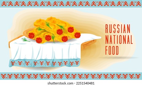 Pancakes stuffed with red fish caviar on a wooden tray towel with an ornament, a flat illustration of traditional food