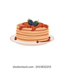 Pancakes with syrup and blackberries lie on platter in a stack, flat vector illustration isolated on white background. Freshly prepared hot pancakes symbol or image.