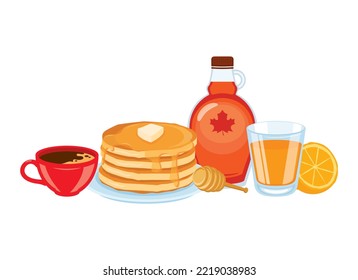 Pancakes and syrup  coffee  orange juice breakfast still life vector  Fresh sweet pancakes and butter   maple syrup icon vector  Breakfast food   drink icon isolated white background