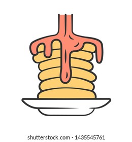 Pancakes with syrup color icon. Traditional american breakfast. Homemade dessert.  Sweet tasty pancake stack with honey. Restaurant, cafe menu. Hot cakes on plate. Isolated vector illustration
