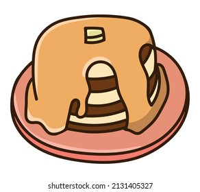 Panqueques con la ilustración del vector del doodle de color jarabe. Aislado sobre un fondo blanco. Dibujado a mano, cómico, contorno.