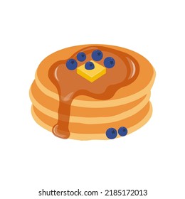 Pancakes with syrup, piece of butter and blueberries isolated on white. Vector illustration