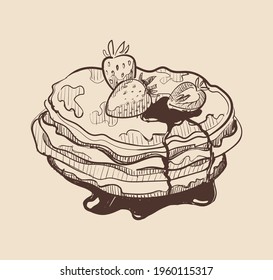 Pancakes pancakes in syrup with strawberries , vector illustration