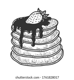 pancakes with syrup and strawberry sketch engraving vector illustration. T-shirt apparel print design. Scratch board imitation. Black and white hand drawn image.