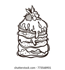 Pancakes topped with syrup and berries with mint leaves. Culinary baking. Vector illustration.