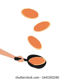 Pancakes toss in the pan. Damn in the air. Turn the pancake on the fly. Pan with pancake in different positions in space. Vector flat cartoon illustration. Concept: cooking, pancake day, Fat Tuesday. svg