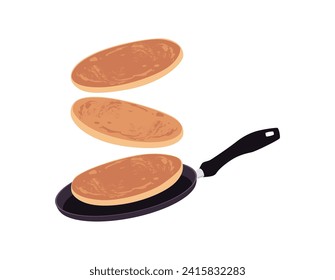 Pancakes toss in the pan, hung in the air. Pan with pancake, turn the pancake on the fly. Vector flat cartoon illustration. Delicious baking food, sweet dessert isolated on white background