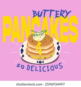 Pancakes trendy retro poster design for menu, cafe, website, social media, recipe, cookbook. Tasty breakfast food. Vector illustration in cartoon style