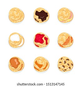 Pancakes vector collection. Breakfast vector set. Pancakes  with different filling. Food  view from above.