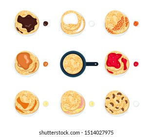 Pancakes vector collection. Breakfast vector set. Cook pancakes with different filling. Food view from above.