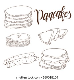 Pancakes vector illustration. Bakery design. Beautiful card with decorative typography element.