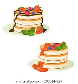 Pancakes vector illustration. Pancakes with berries and berry jam, chocolate and berry pancakes.