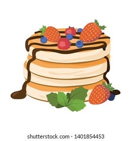Pancakes vector illustration. Pancakes with berries and chocolate isolated on white background.
