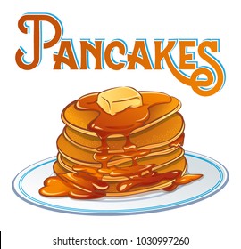 Pancakes. Vector illustration of pancakes portion on plate with butter slice and maple syrup.