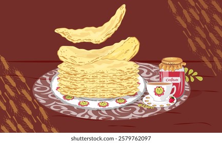 Pancakes. Vector image of French crepes with liquid chocolate sauce and strawberry jam, confiture. Cafe or restaurant menu