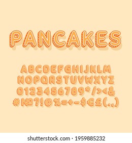 Pancakes vintage 3d vector alphabet set. Retro bold font, typeface. Pop art stylized lettering. Old school style letters, numbers, symbols pack. 90s, 80s creative typeset design template