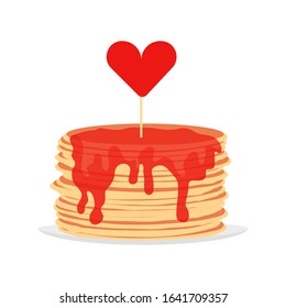 Pancakes are watered with red syrup. A skewer with a heart stuck in the center of pancakes. Vector flat cartoon illustration. Concept: dessert from pancakes, pancakes, refreshments for a loved one.