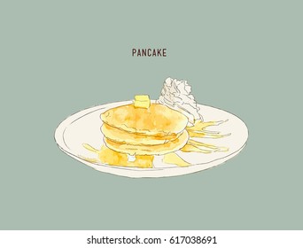 Pancakes with whiped cream and maple syrup sweet vector illustration.