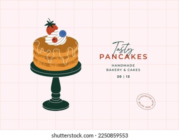 Pancakes with whipped cream and berries on a plate. Design template