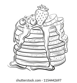 pancakes wits honey or butter. Topping with strawberry, curant and blueberry, bananas. pile of flapjack in sketh style, line art