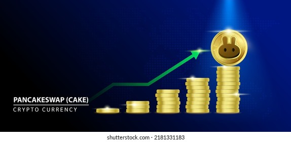 PancakeSwap (CAKE) Coin crypto on blue background. Stablecoin blockchain token price increase from pile of gold coins.There is space to enter message. Nice for cryptocurrency digital money concept.
