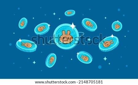 PancakeSwap (CAKE) coins falling from the sky. CAKE cryptocurrency concept banner background.