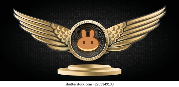 Pancakeswap (CAKE) crypto currency logo and coin vector illustration banner. Blockchain based cryptocurrency technology background. 