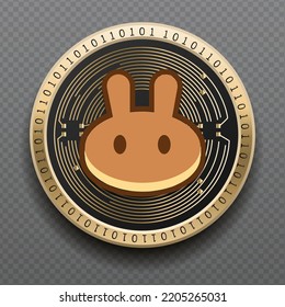 Pancakeswap (CAKE) cryptocurrency golden coin isolated in transparent background. Virtual currency token symbol vector illustration based on cryptography and block chain technology.