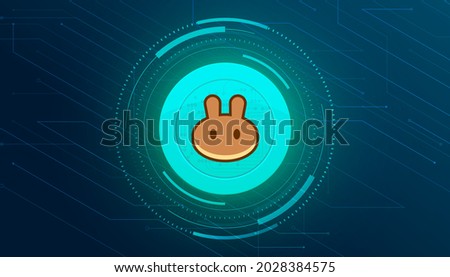 PancakeSwap CAKE token with crypto currency themed banner. PancakeSwap or CAKE icon on modern neon color background.