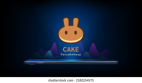 PancakeSwap coin icon crypto currency token symbol come out from smartphone with growth chart. Trading cryptocurrency on application. Financial investment. Banner for website or news. Vector EPS10.