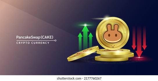 PancakeSwap token cryptocurrency banner. Future currency on blockchain stock market with red-green arrows up and down. Gold coins crypto currencies. Banner for news on a solid background. 3D Vector.