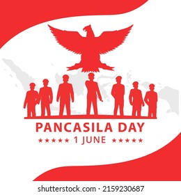 Pancasila Day 1 June with Garuda, Silhouette Revolutionary Hero, and Indonesian Island Vector Illustration