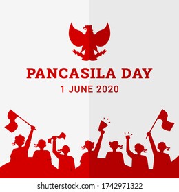 Pancasila day background with public protest demonstration in red silhouette and national garuda bird symbol. Hari Lahir Pancasila. Flat style vector illustration of Indonesia independence day