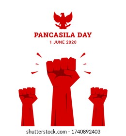Pancasila day background with raised fist up and national garuda bird symbol. June 1, Indonesian holiday, Hari Lahir Pancasila. Flat style vector illustration for greeting card, poster, and banner. svg