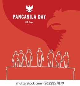 Pancasila Day Celebration with Garuda Silhouette and National Heroes, 01 June Pancasila Day Vector with Patriot Outline and Garuda Head