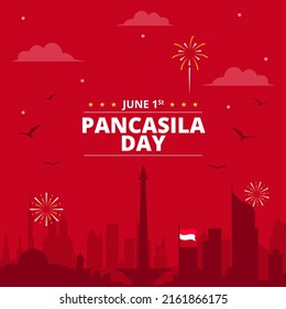 Pancasila Day Indoenesia Social Media Post Template. Jakarta City Landscape with Fireworks and Garuda Vector Illustration